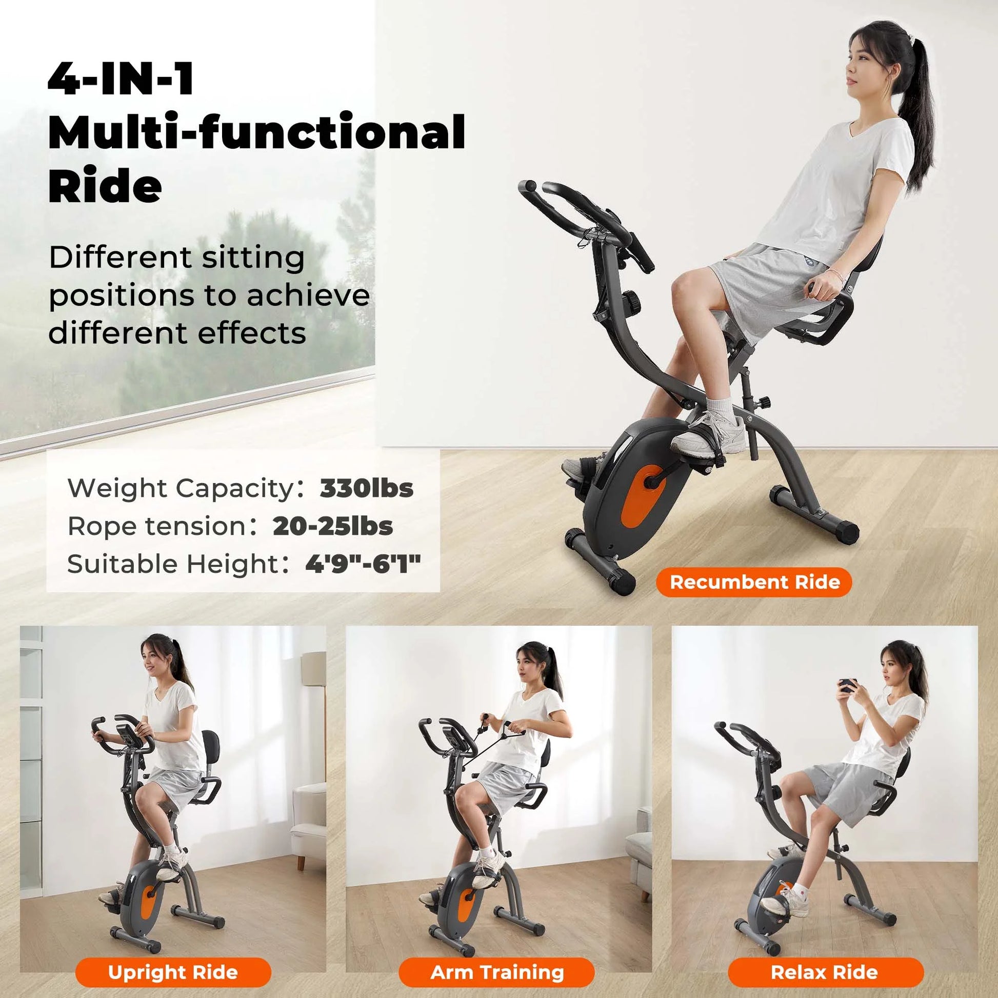 Folding Exercise Bike Stationary Magnetic Recumbent 3-In-1 Adjustable Arm Resistance Bands for Home Use