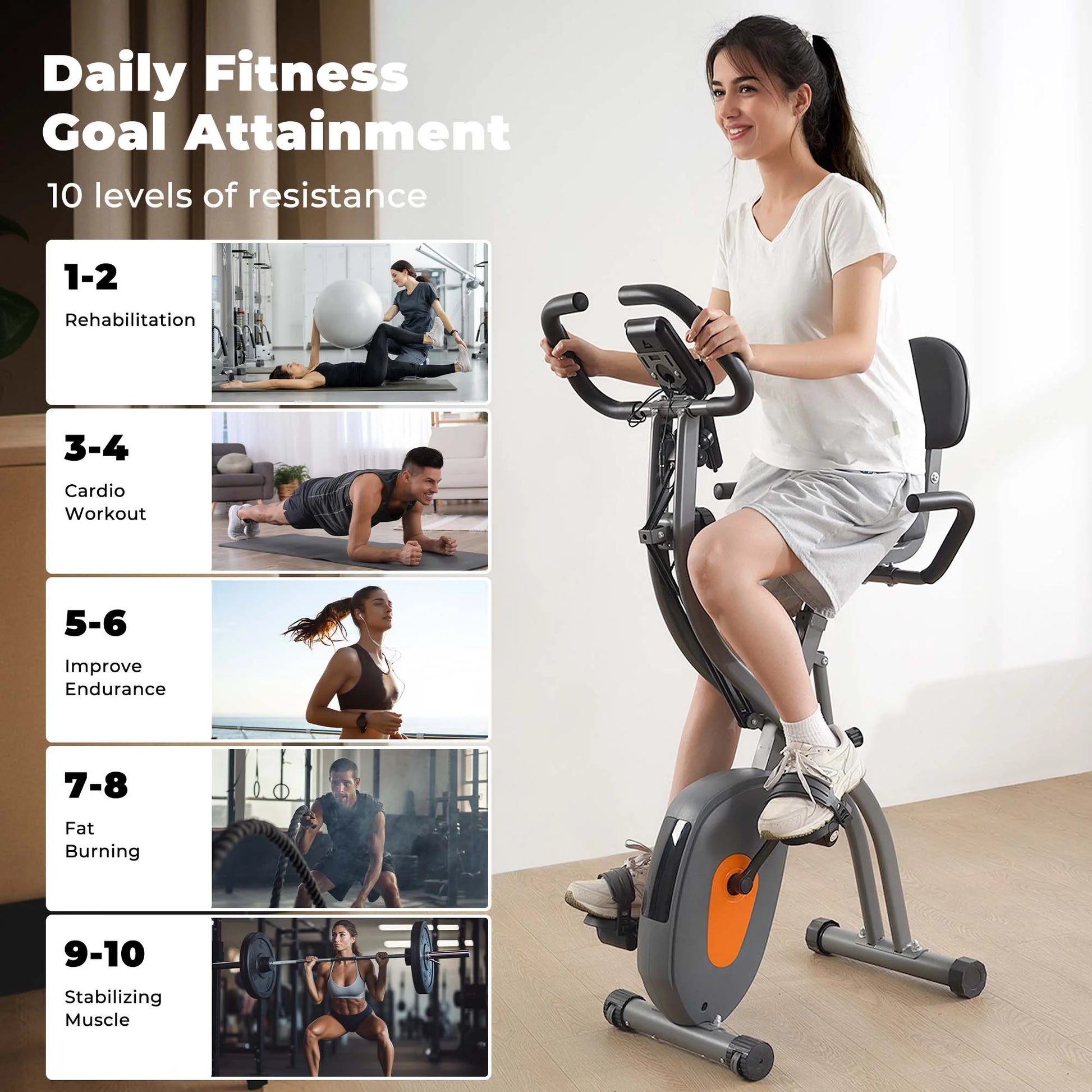 Folding Exercise Bike Stationary Magnetic Recumbent 3-In-1 Adjustable Arm Resistance Bands for Home Use