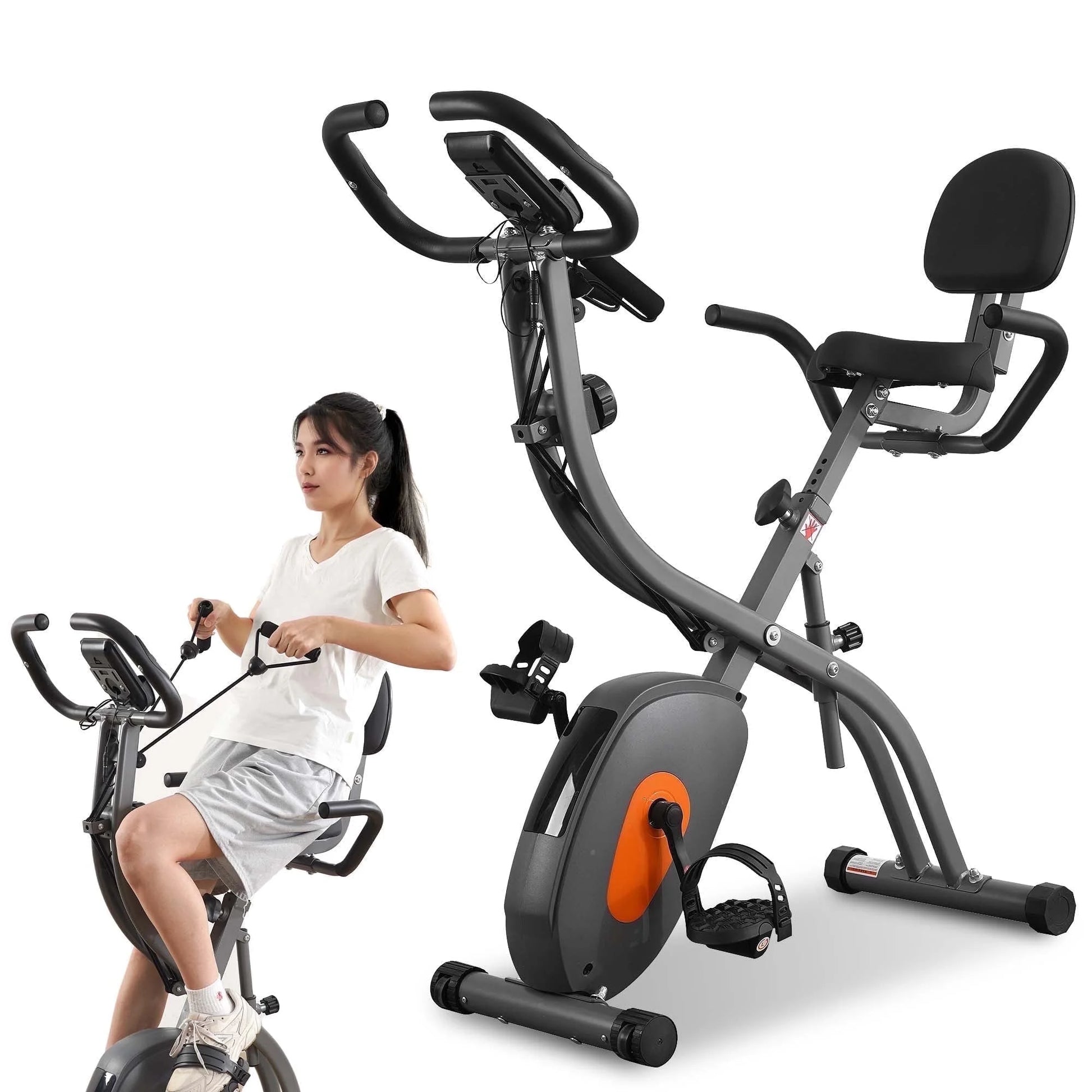 Folding Exercise Bike Stationary Magnetic Recumbent 3-In-1 Adjustable Arm Resistance Bands for Home Use