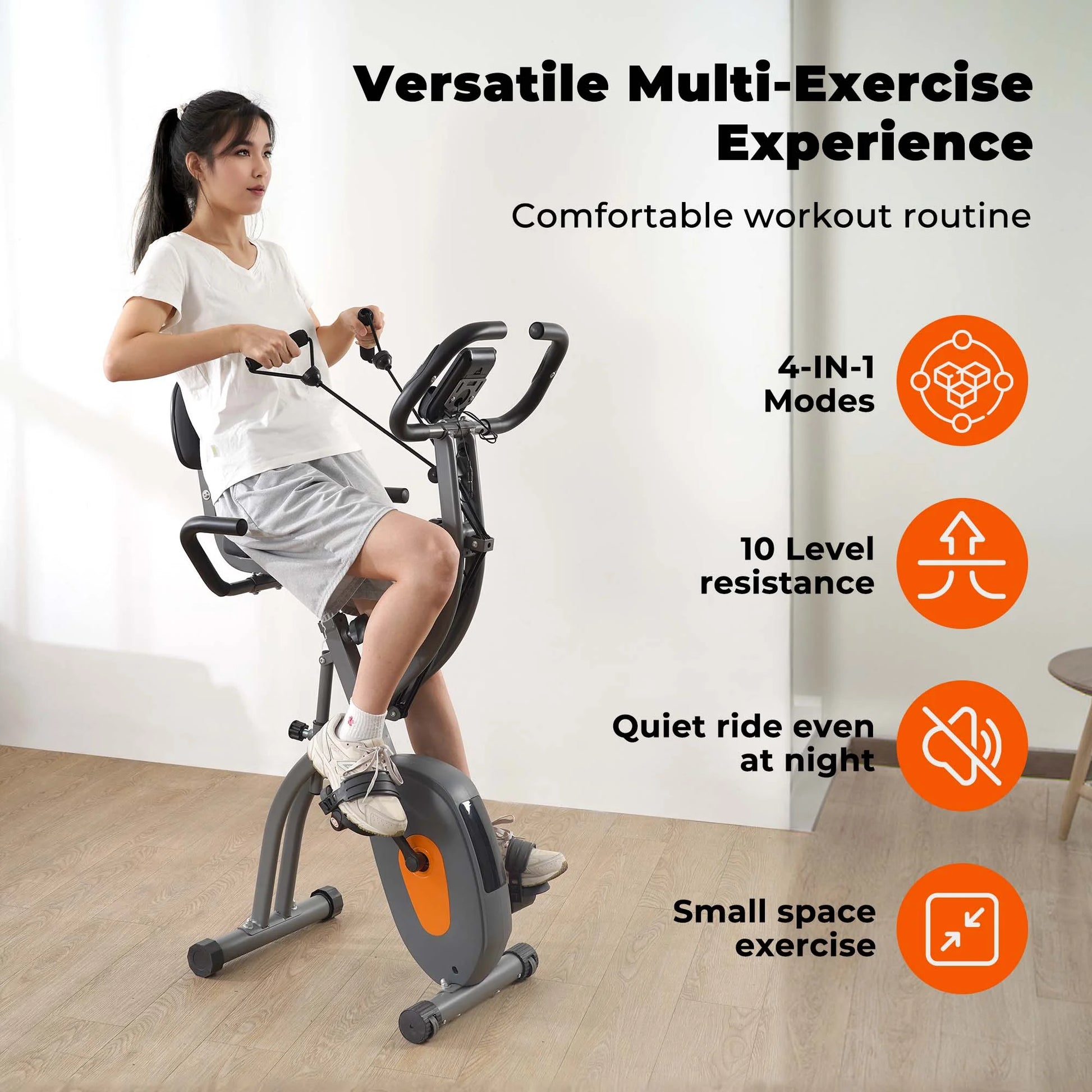 Folding Exercise Bike Stationary Magnetic Recumbent 3-In-1 Adjustable Arm Resistance Bands for Home Use